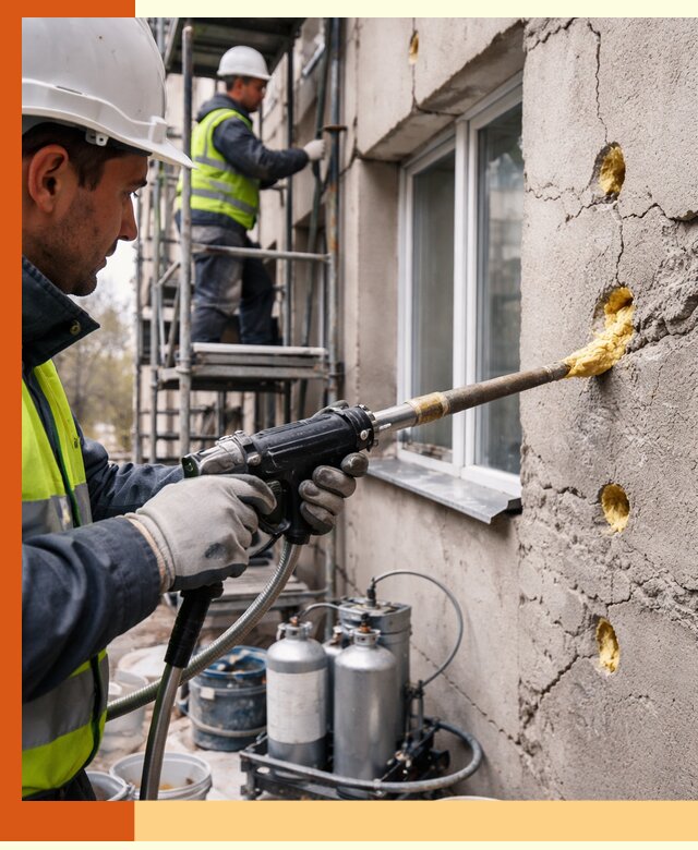 Заполнение пустот в фасаде и утепление стен в Сибае